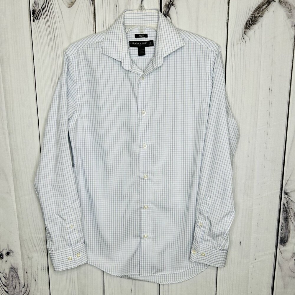 Pronto Uomo Cotton Slim Fit Checked Dress Shirt Mens Sz 15 32/33 White Blue